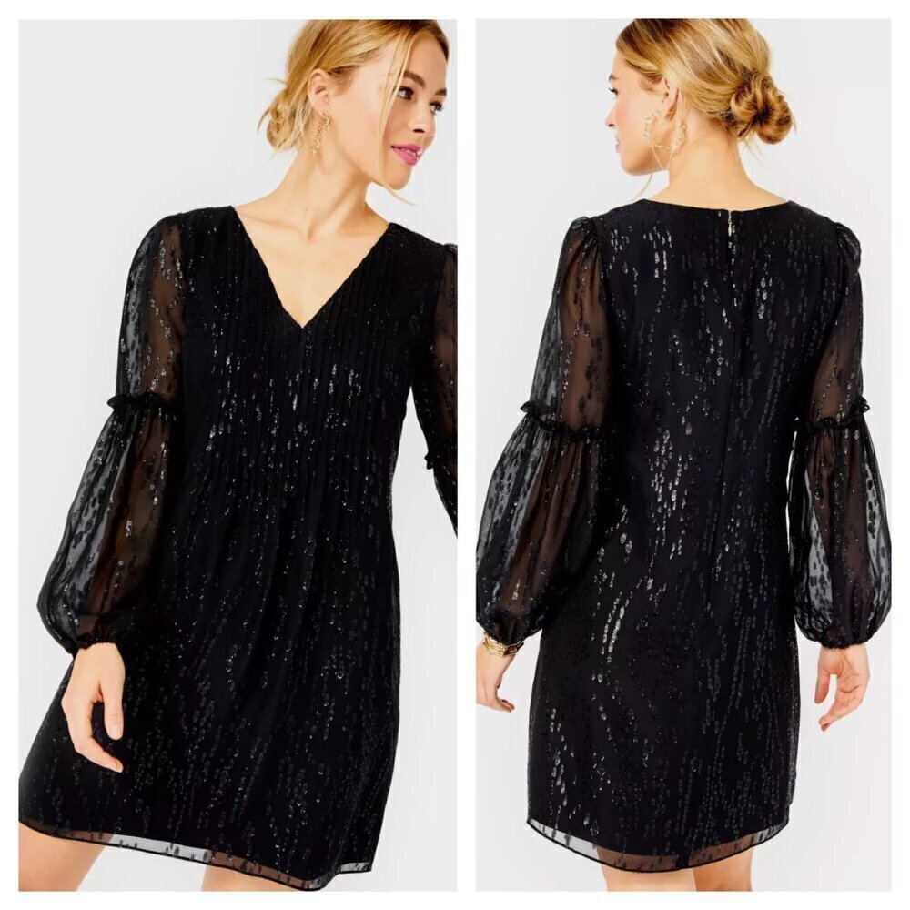 Lilly Pulitzer Cleme Long Sleeve Silk Mini Dress in Metallic Black